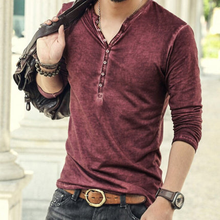 SAMA Men’s Vintage Cotton Long Sleeve T-Shirt – Henry Collar