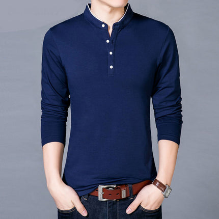 SAMA Men’s Cotton T-Shirt – Long Sleeve Mandarin Collar Tee
