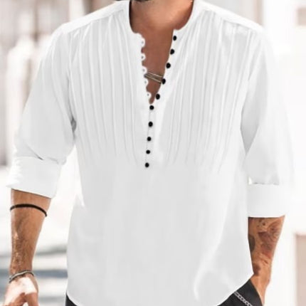 SAMA Men’s Cotton-Linen Shirt – Buttoned Standing Collar Long Sleeve