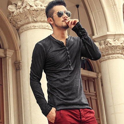 SAMA Men’s Vintage Cotton Long Sleeve T-Shirt – Henry Collar
