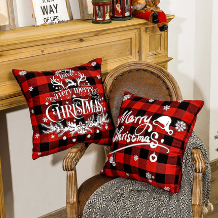 SAMA - Red Checkered Christmas Pillow Cover 45x45cm Linen Style