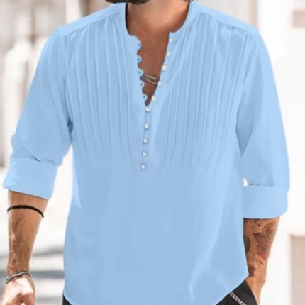 SAMA Men’s Cotton-Linen Shirt – Buttoned Standing Collar Long Sleeve