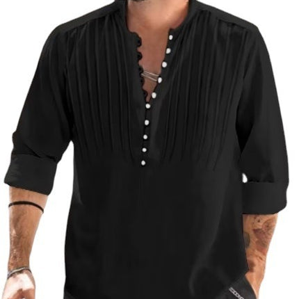 SAMA Men’s Cotton-Linen Shirt – Buttoned Standing Collar Long Sleeve