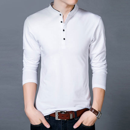SAMA Men’s Cotton T-Shirt – Long Sleeve Mandarin Collar Tee