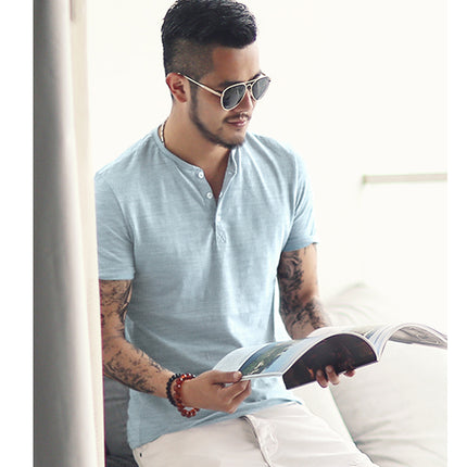 SAMA Men’s Bamboo Cotton T-Shirt – Slim Henry Collar Summer Tee