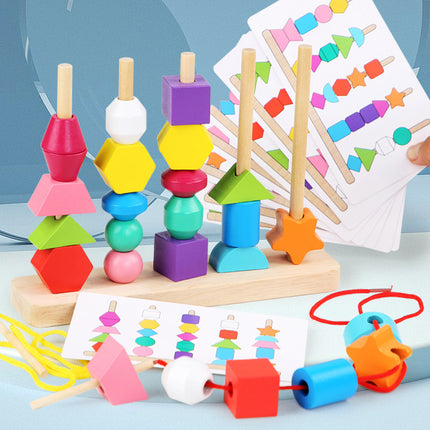 Solid wood 5-column bead puzzle with 25 blocks, cards and ropes—kids educational toy for Christmas 2025/New Year 2026