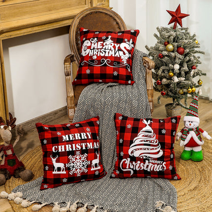 SAMA - Red Checkered Christmas Pillow Cover 45x45cm Linen Style