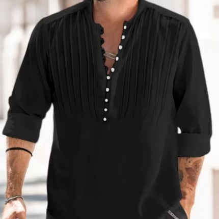SAMA Men’s Cotton-Linen Shirt – Buttoned Standing Collar Long Sleeve