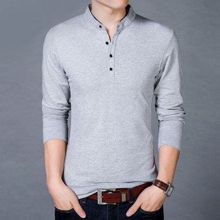 SAMA Men’s Cotton T-Shirt – Long Sleeve Mandarin Collar Tee