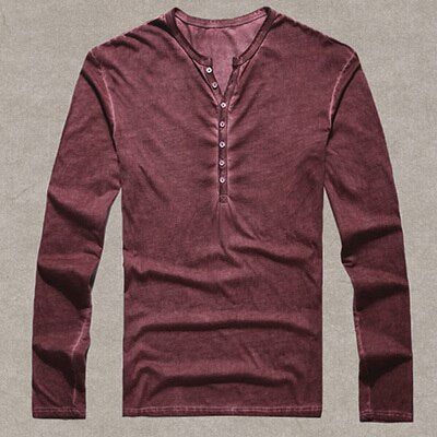 SAMA Men’s Vintage Cotton Long Sleeve T-Shirt – Henry Collar
