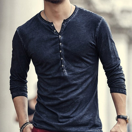 SAMA Men’s Vintage Cotton Long Sleeve T-Shirt – Henry Collar