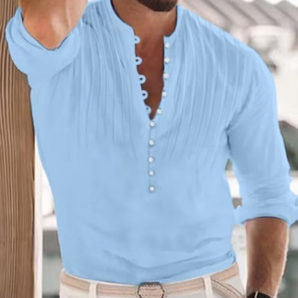SAMA Men’s Cotton-Linen Shirt – Buttoned Standing Collar Long Sleeve