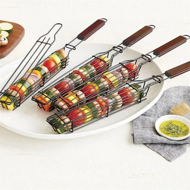 SAMA Nonstick kebab grilling basket with latching lid and rosewood handle