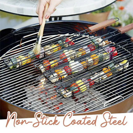 SAMA Nonstick BBQ Kebab Grilling Basket – Latching Lid, Rosewood