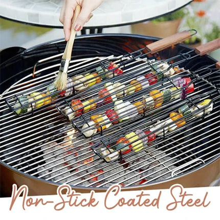 SAMA Nonstick BBQ Kebab Grilling Basket – Latching Lid, Rosewood