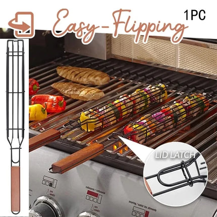 SAMA Nonstick BBQ Kebab Grilling Basket – Latching Lid, Rosewood