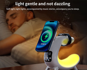Y18 6-in-1 wireless charger with clock, Bluetooth speaker, night light