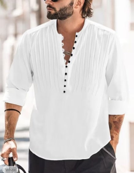 SAMA Men’s Cotton-Linen Shirt – Buttoned Standing Collar Long Sleeve