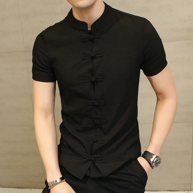 SAMA Men’s Linen Short Sleeve Shirt – Chinese Style Slim Fit Casual