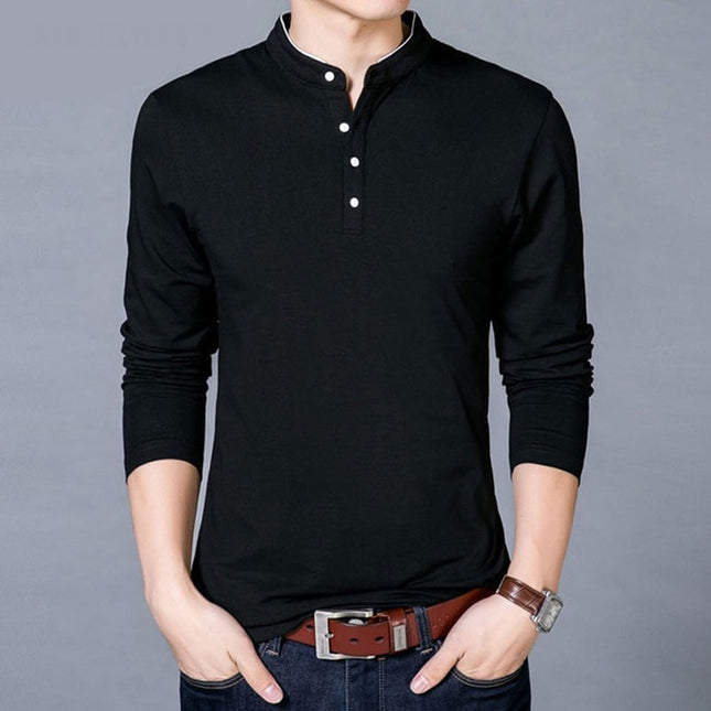 SAMA Men’s Cotton T-Shirt – Long Sleeve Mandarin Collar Tee