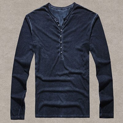 SAMA Men’s Vintage Cotton Long Sleeve T-Shirt – Henry Collar