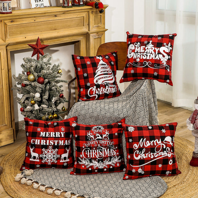 SAMA - Red Checkered Christmas Pillow Cover 45x45cm Linen Style